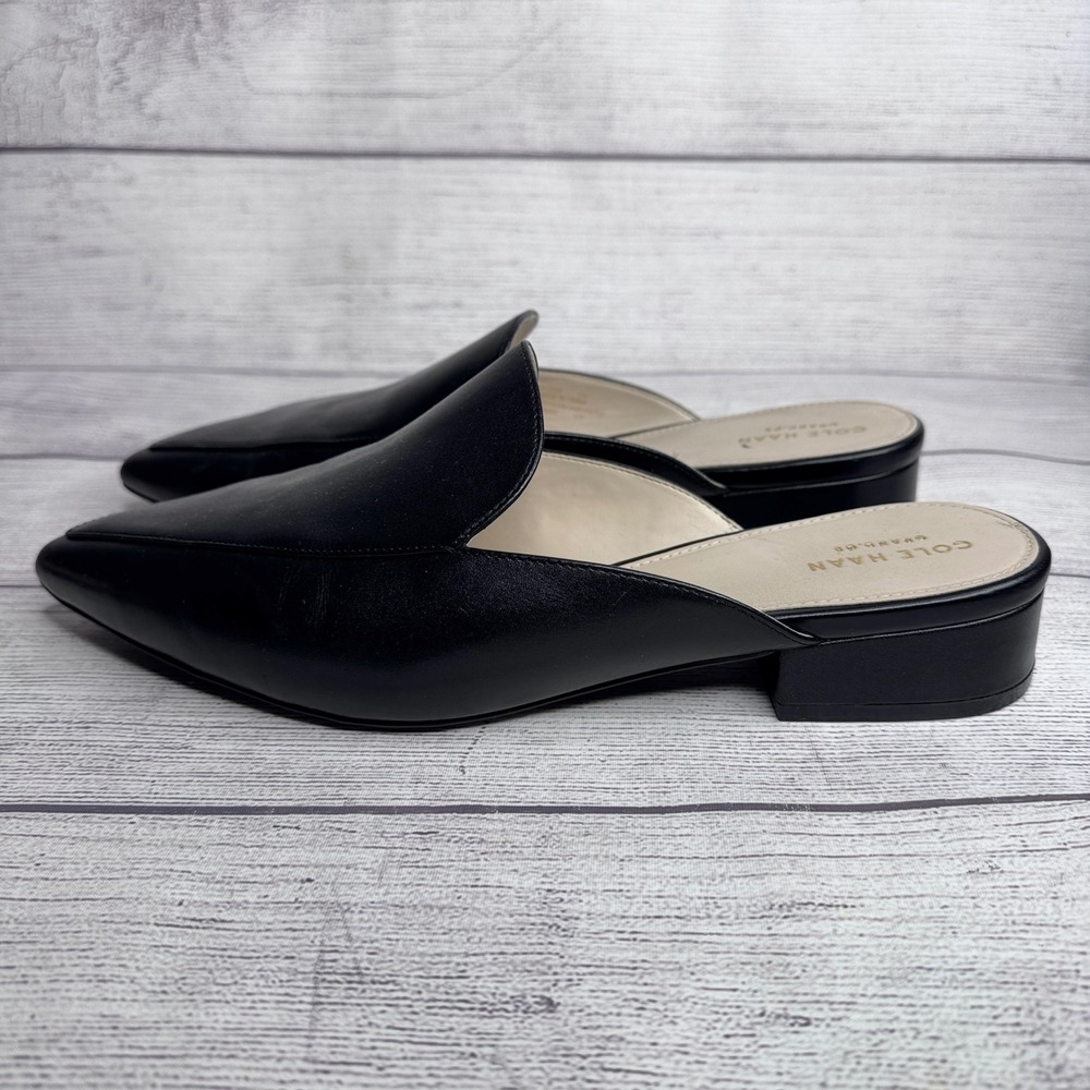Cole Haan W12888 Black Leather Pointed Toe Mules Womens 10B Grand.OS Low Heel